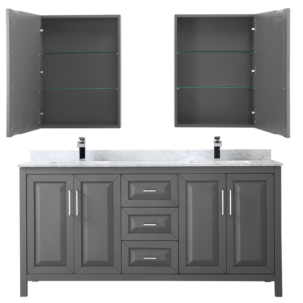 Daria 72 Inch Double Bathroom Vanity in Dark Gray White Carrara Marble Countertop Undermount Square Sinks and Medicine Cabinets