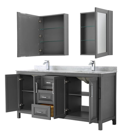 Daria 72 Inch Double Bathroom Vanity in Dark Gray White Carrara Marble Countertop Undermount Square Sinks and Medicine Cabinets