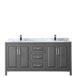 Daria 72 Inch Double Bathroom Vanity in Dark Gray White Carrara Marble Countertop Undermount Square Sinks and No Mirror