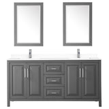Daria 72 Inch Double Bathroom Vanity in Dark Gray White Cultured Marble Countertop Undermount Square Sinks 24 Inch Mirrors