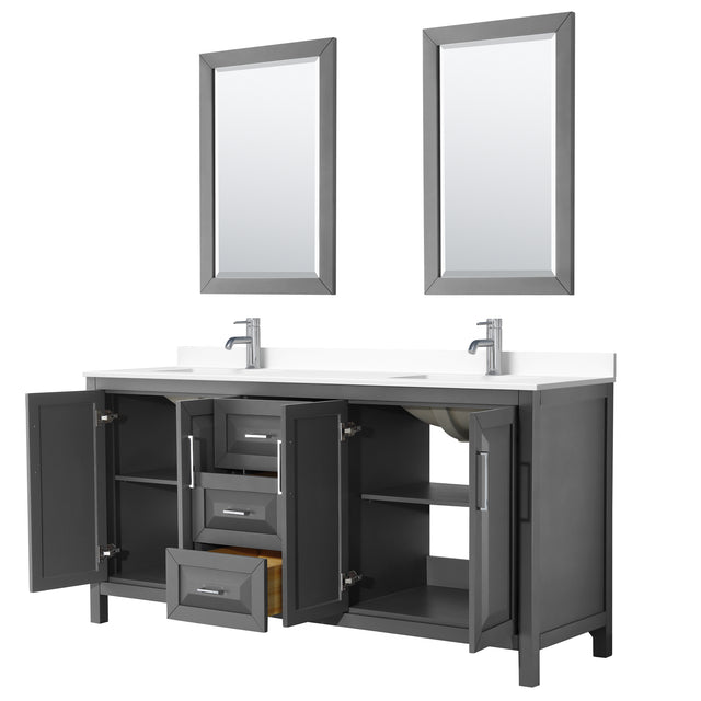 Daria 72 Inch Double Bathroom Vanity in Dark Gray White Cultured Marble Countertop Undermount Square Sinks 24 Inch Mirrors