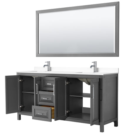 Daria 72 Inch Double Bathroom Vanity in Dark Gray White Cultured Marble Countertop Undermount Square Sinks 70 Inch Mirror