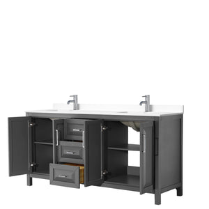 Daria 72 Inch Double Bathroom Vanity in Dark Gray White Cultured Marble Countertop Undermount Square Sinks No Mirror