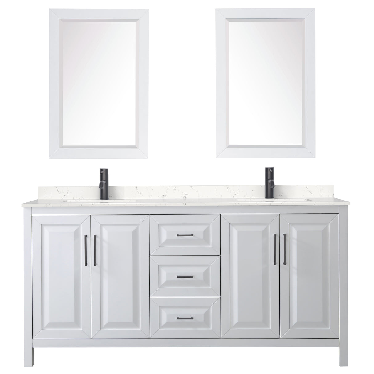 Daria 72 Inch Double Bathroom Vanity in White Carrara Cultured Marble Countertop Undermount Square Sinks Matte Black Trim 24 Inch Mirrors