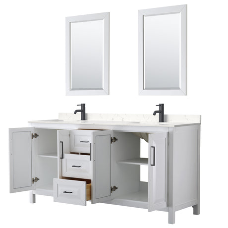 Daria 72 Inch Double Bathroom Vanity in White Carrara Cultured Marble Countertop Undermount Square Sinks Matte Black Trim 24 Inch Mirrors