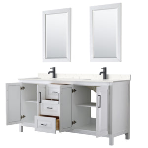 Daria 72 Inch Double Bathroom Vanity in White Carrara Cultured Marble Countertop Undermount Square Sinks Matte Black Trim 24 Inch Mirrors