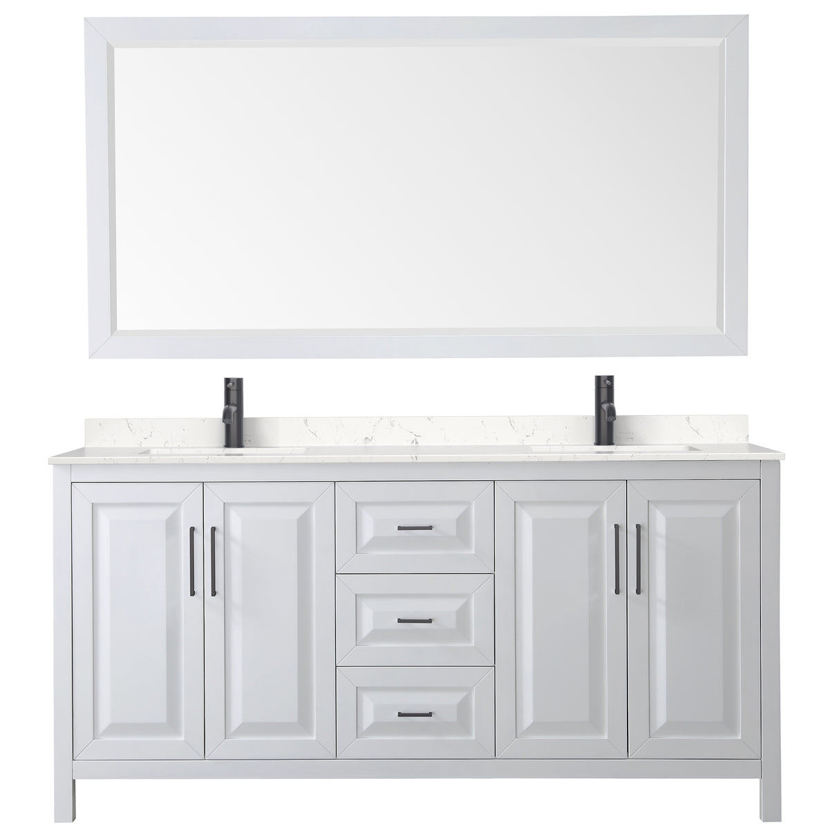 Daria 72 Inch Double Bathroom Vanity in White Carrara Cultured Marble Countertop Undermount Square Sinks Matte Black Trim 70 Inch Mirror