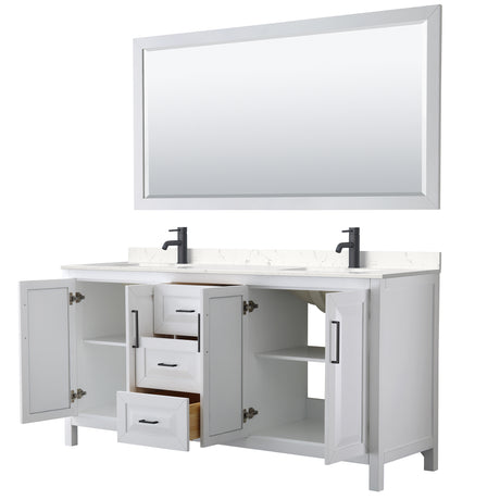 Daria 72 Inch Double Bathroom Vanity in White Carrara Cultured Marble Countertop Undermount Square Sinks Matte Black Trim 70 Inch Mirror