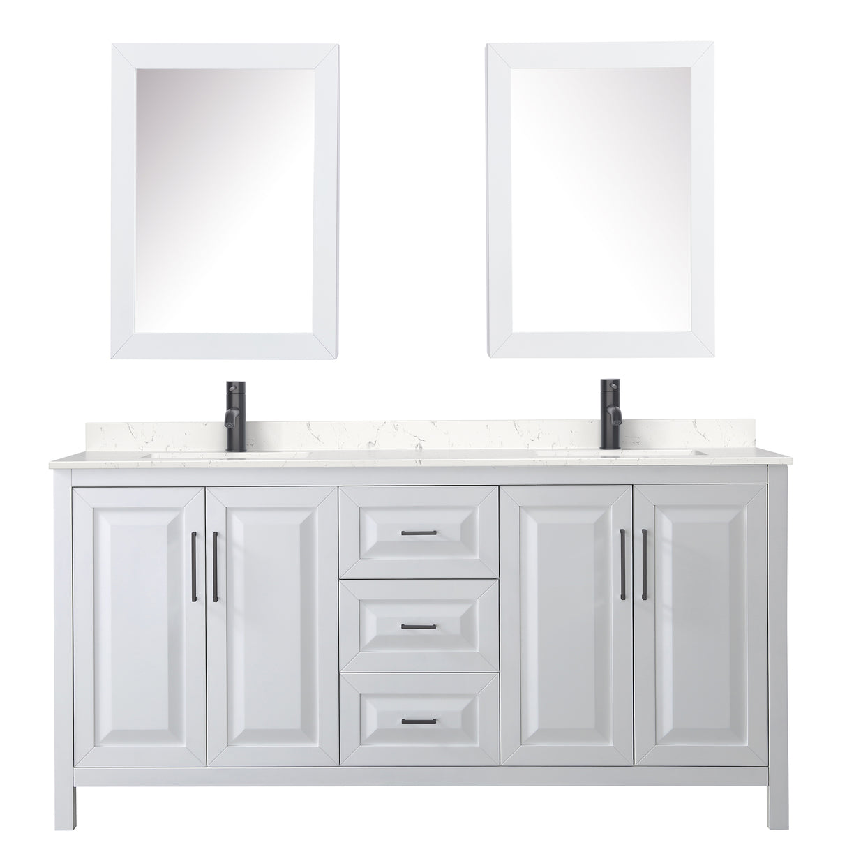 Daria 72 Inch Double Bathroom Vanity in White Carrara Cultured Marble Countertop Undermount Square Sinks Matte Black Trim Medicine Cabinets