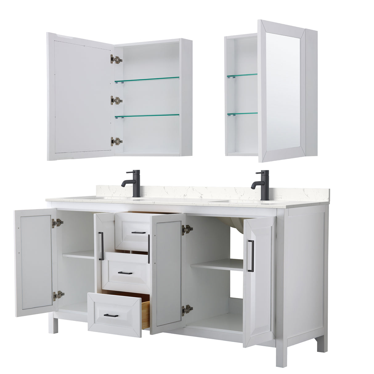 Daria 72 Inch Double Bathroom Vanity in White Carrara Cultured Marble Countertop Undermount Square Sinks Matte Black Trim Medicine Cabinets