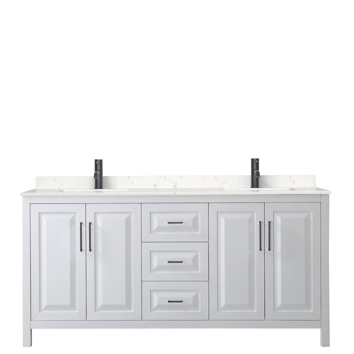 Daria 72 Inch Double Bathroom Vanity in White Carrara Cultured Marble Countertop Undermount Square Sinks Matte Black Trim