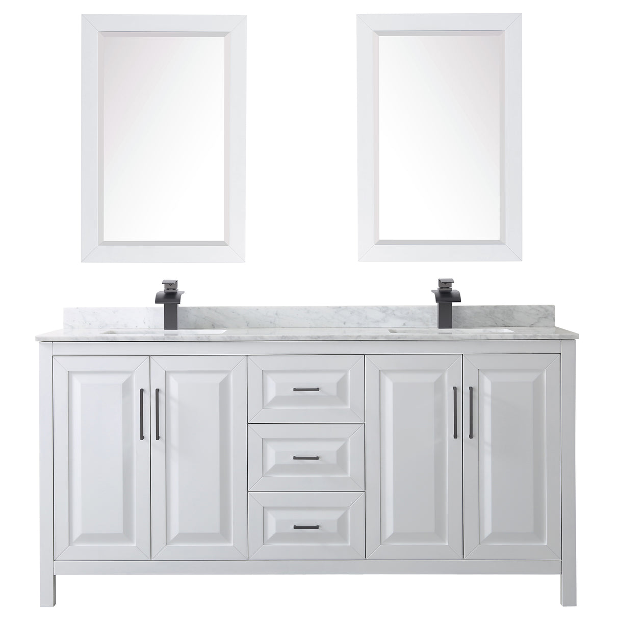 Daria 72 Inch Double Bathroom Vanity in White White Carrara Marble Countertop Undermount Square Sinks Matte Black Trim 24 Inch Mirrors