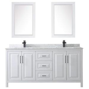 Daria 72 Inch Double Bathroom Vanity in White White Carrara Marble Countertop Undermount Square Sinks Matte Black Trim 24 Inch Mirrors