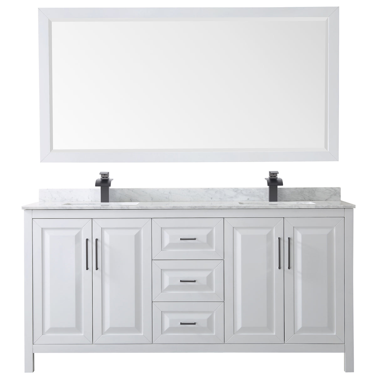 Daria 72 Inch Double Bathroom Vanity in White White Carrara Marble Countertop Undermount Square Sinks Matte Black Trim 70 Inch Mirror