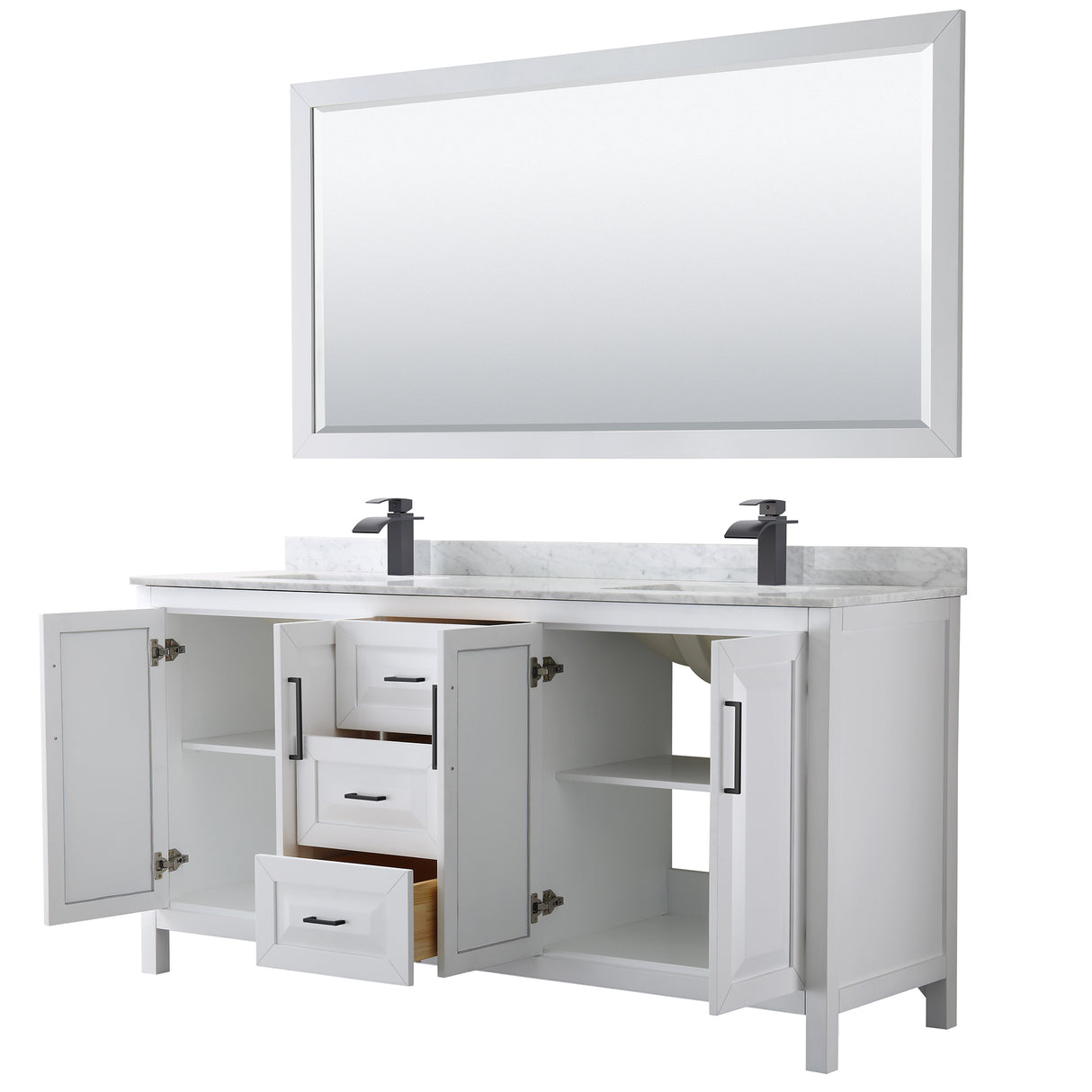 Daria 72 Inch Double Bathroom Vanity in White White Carrara Marble Countertop Undermount Square Sinks Matte Black Trim 70 Inch Mirror