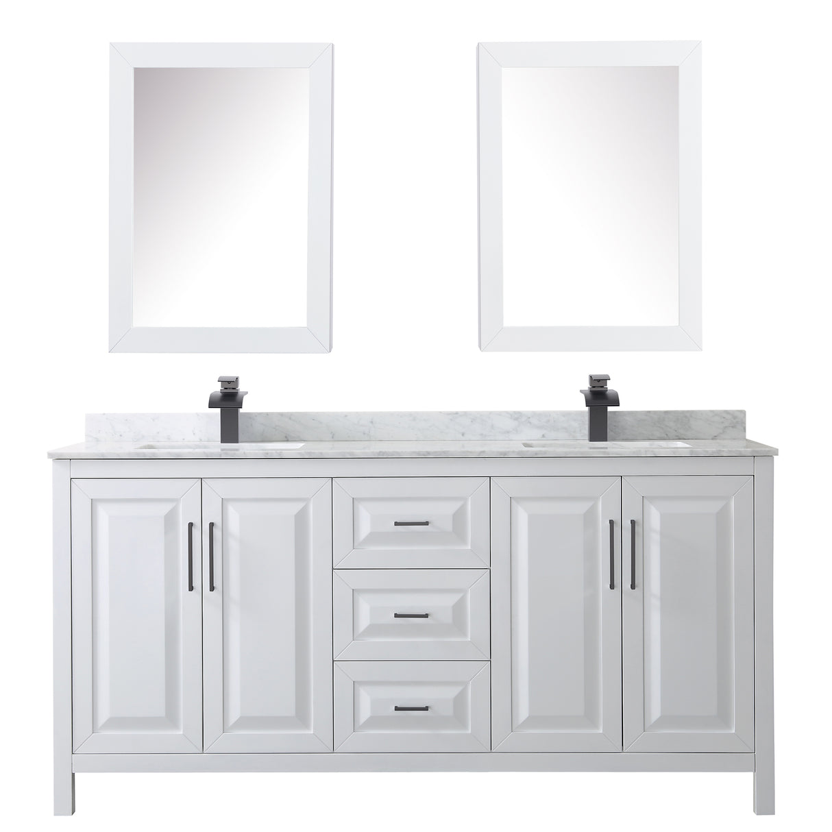 Daria 72 Inch Double Bathroom Vanity in White White Carrara Marble Countertop Undermount Square Sinks Matte Black Trim Medicine Cabinets