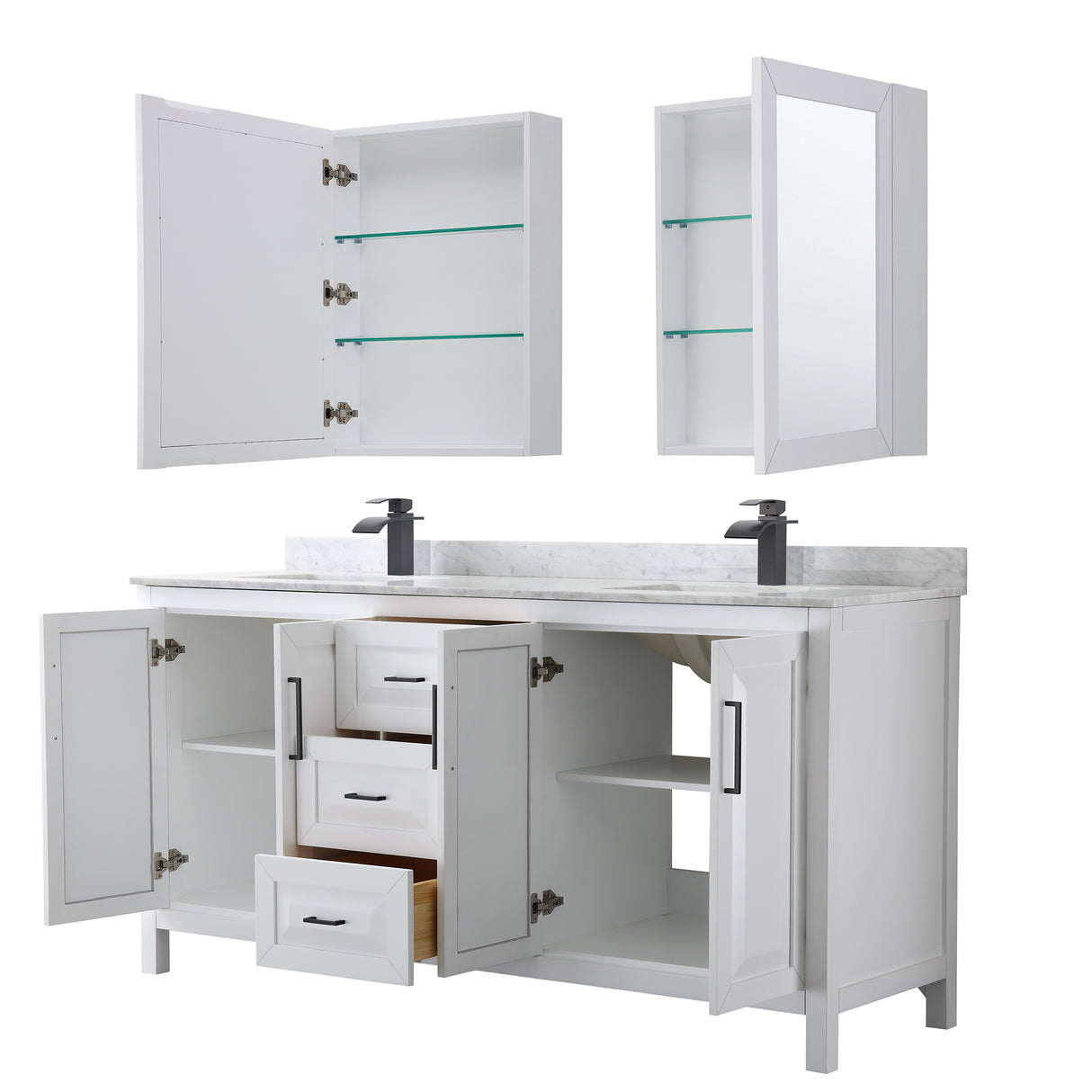 Daria 72 Inch Double Bathroom Vanity in White White Carrara Marble Countertop Undermount Square Sinks Matte Black Trim Medicine Cabinets