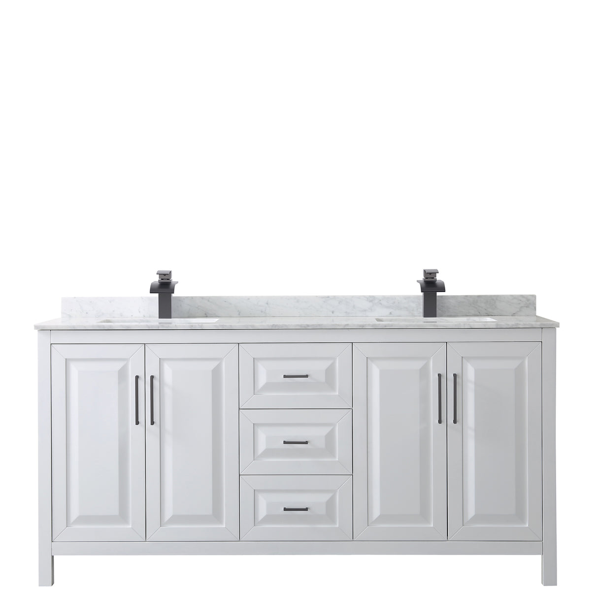 Daria 72 Inch Double Bathroom Vanity in White White Carrara Marble Countertop Undermount Square Sinks Matte Black Trim