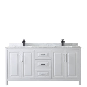 Daria 72 Inch Double Bathroom Vanity in White White Carrara Marble Countertop Undermount Square Sinks Matte Black Trim