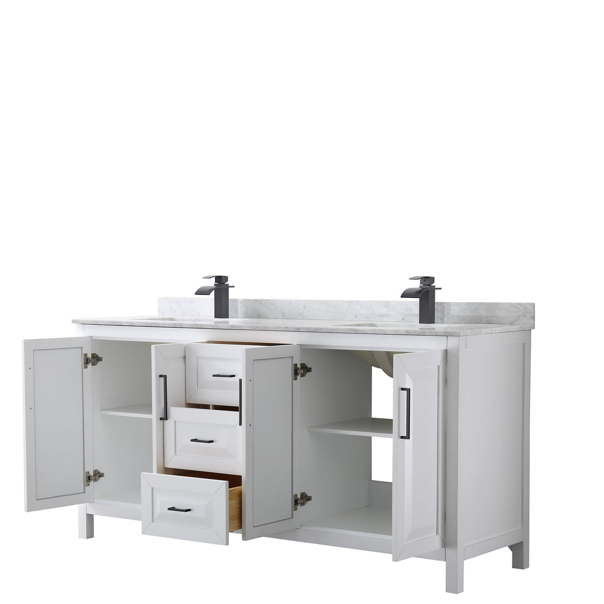 Daria 72 Inch Double Bathroom Vanity in White White Carrara Marble Countertop Undermount Square Sinks Matte Black Trim