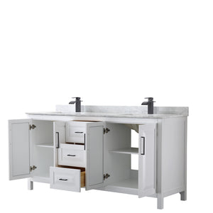 Daria 72 Inch Double Bathroom Vanity in White White Carrara Marble Countertop Undermount Square Sinks Matte Black Trim