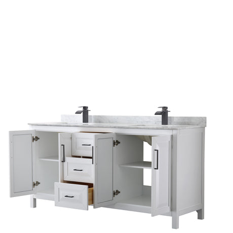 Daria 72 Inch Double Bathroom Vanity in White White Carrara Marble Countertop Undermount Square Sinks Matte Black Trim
