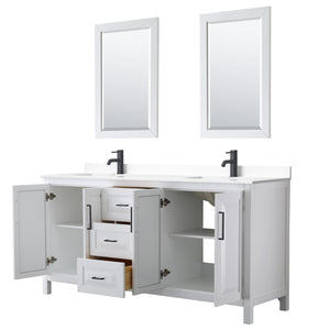 Daria 72 Inch Double Bathroom Vanity in White White Cultured Marble Countertop Undermount Square Sinks Matte Black Trim 24 Inch Mirrors