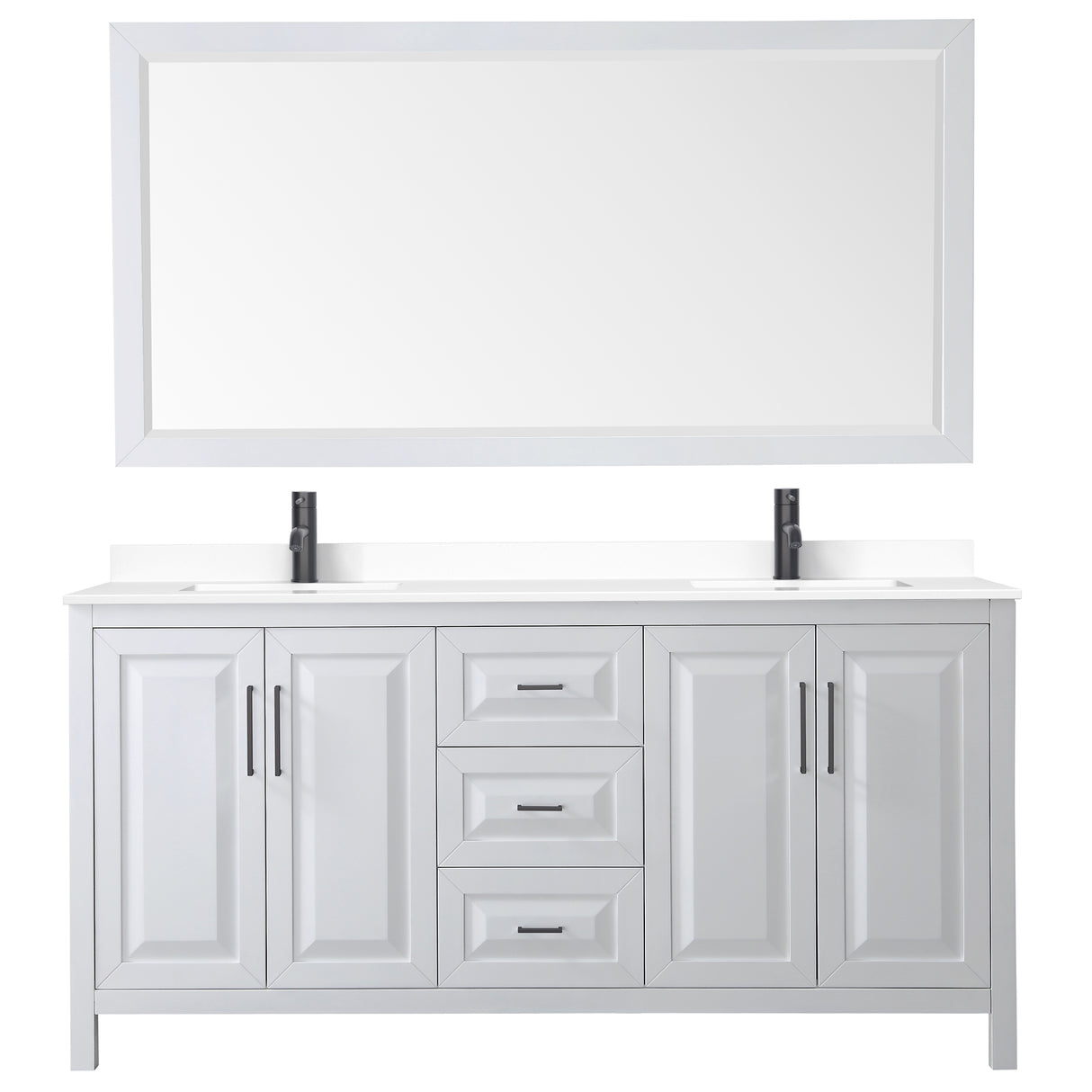 Daria 72 Inch Double Bathroom Vanity in White White Cultured Marble Countertop Undermount Square Sinks Matte Black Trim 70 Inch Mirror