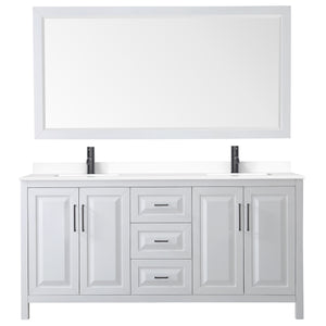 Daria 72 Inch Double Bathroom Vanity in White White Cultured Marble Countertop Undermount Square Sinks Matte Black Trim 70 Inch Mirror