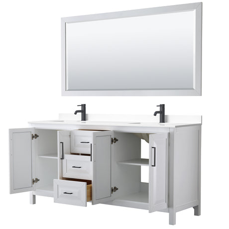 Daria 72 Inch Double Bathroom Vanity in White White Cultured Marble Countertop Undermount Square Sinks Matte Black Trim 70 Inch Mirror