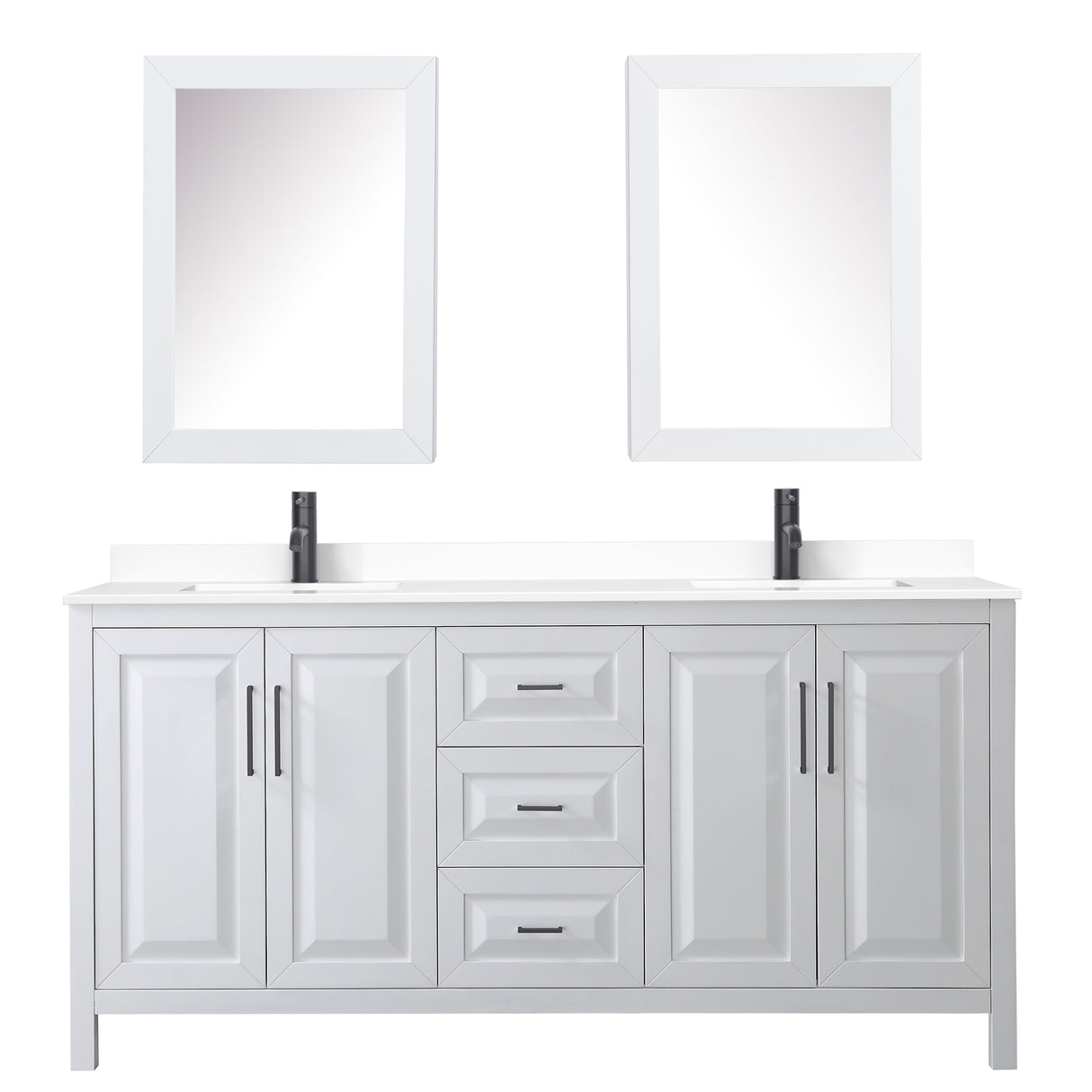 Daria 72 Inch Double Bathroom Vanity in White White Cultured Marble Countertop Undermount Square Sinks Matte Black Trim Medicine Cabinets