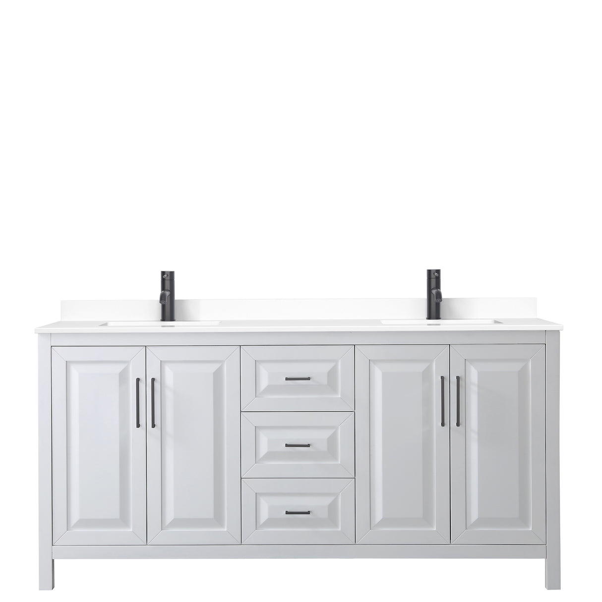 Daria 72 Inch Double Bathroom Vanity in White White Cultured Marble Countertop Undermount Square Sinks Matte Black Trim