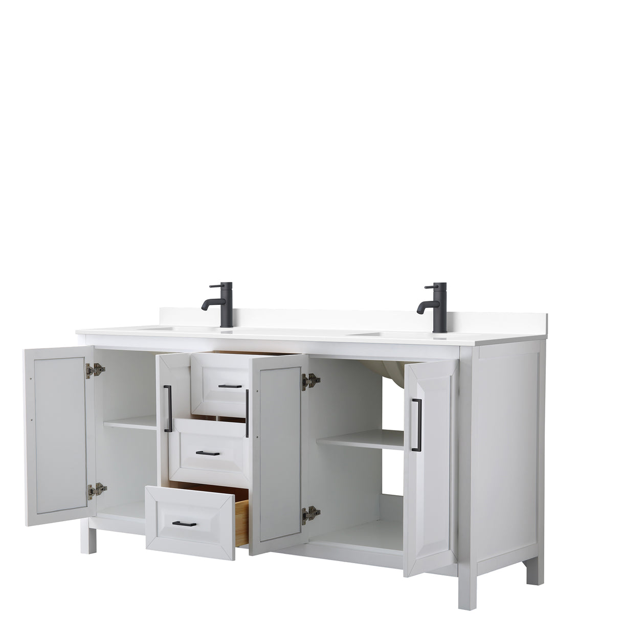 Daria 72 Inch Double Bathroom Vanity in White White Cultured Marble Countertop Undermount Square Sinks Matte Black Trim