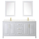 Daria 72 Inch Double Bathroom Vanity in White Carrara Cultured Marble Countertop Undermount Square Sinks 24 Inch Mirrors Brushed Gold Trim