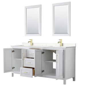 Daria 72 Inch Double Bathroom Vanity in White Carrara Cultured Marble Countertop Undermount Square Sinks 24 Inch Mirrors Brushed Gold Trim
