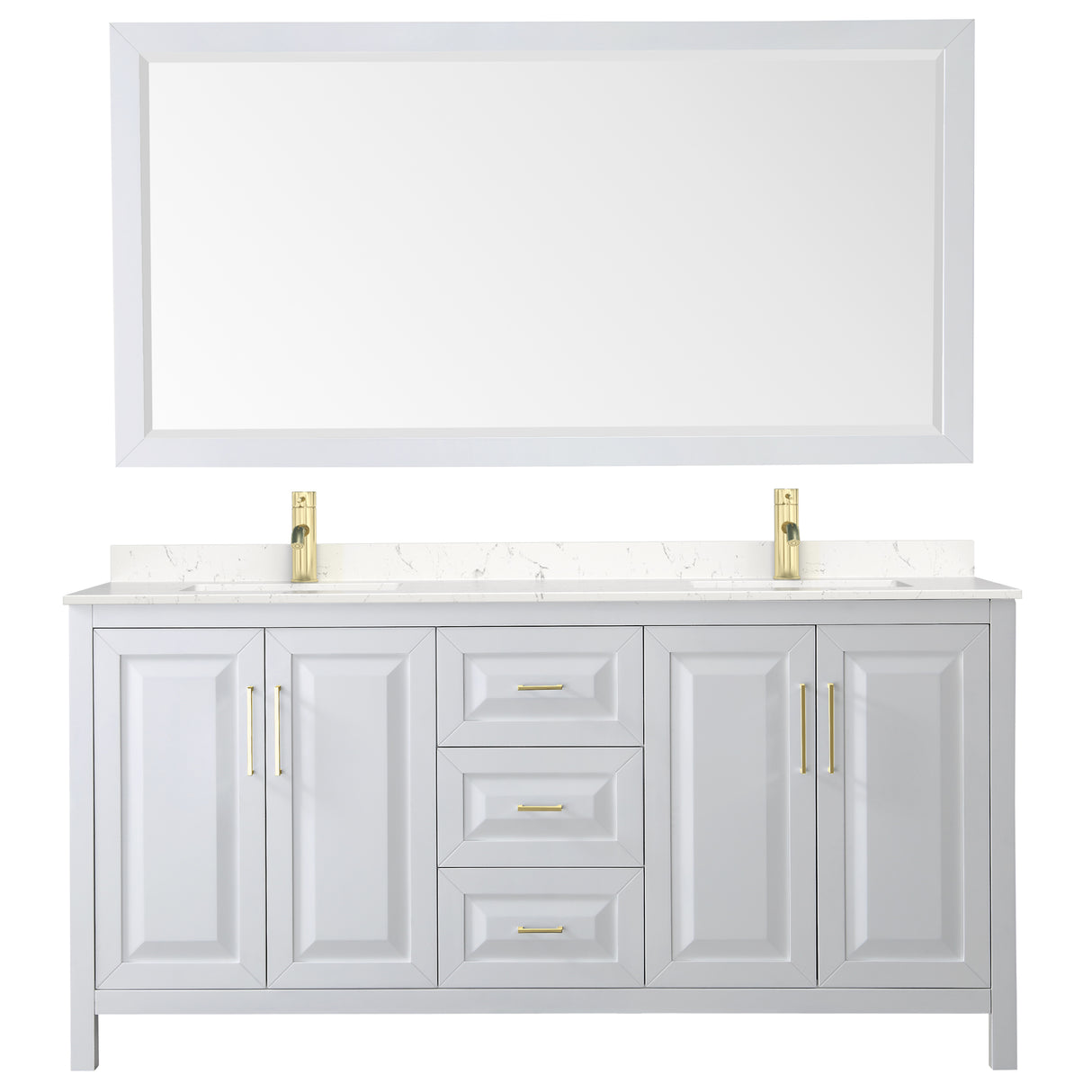 Daria 72 Inch Double Bathroom Vanity in White Carrara Cultured Marble Countertop Undermount Square Sinks 70 Inch Mirror Brushed Gold Trim