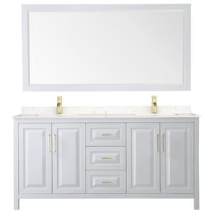 Daria 72 Inch Double Bathroom Vanity in White Carrara Cultured Marble Countertop Undermount Square Sinks 70 Inch Mirror Brushed Gold Trim