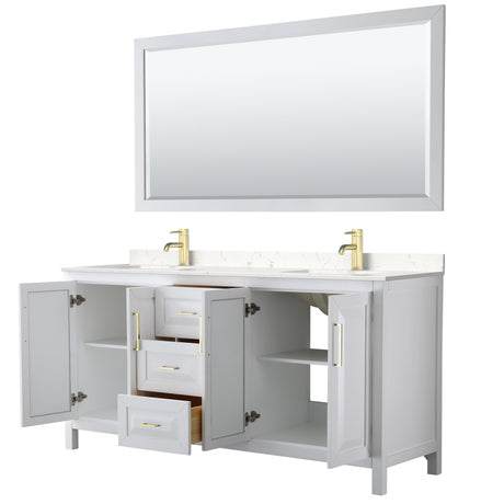 Daria 72 Inch Double Bathroom Vanity in White Carrara Cultured Marble Countertop Undermount Square Sinks 70 Inch Mirror Brushed Gold Trim