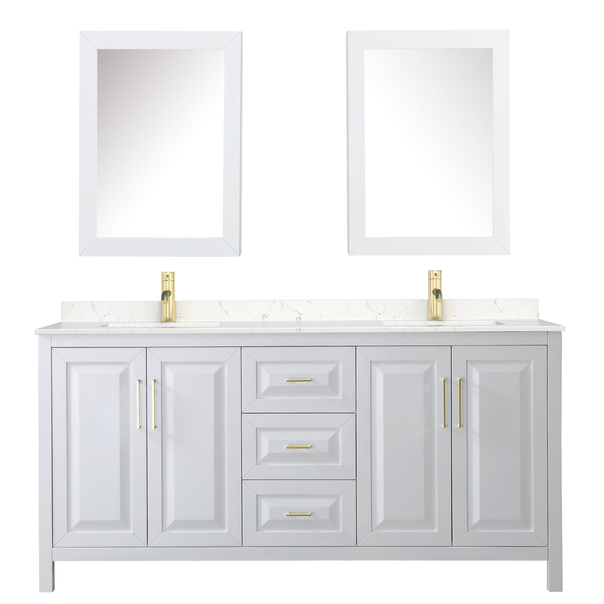 Daria 72 Inch Double Bathroom Vanity in White Carrara Cultured Marble Countertop Undermount Square Sinks Medicine Cabinets Brushed Gold Trim