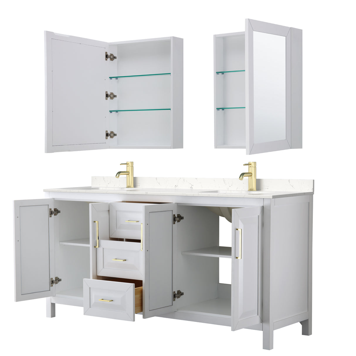 Daria 72 Inch Double Bathroom Vanity in White Carrara Cultured Marble Countertop Undermount Square Sinks Medicine Cabinets Brushed Gold Trim