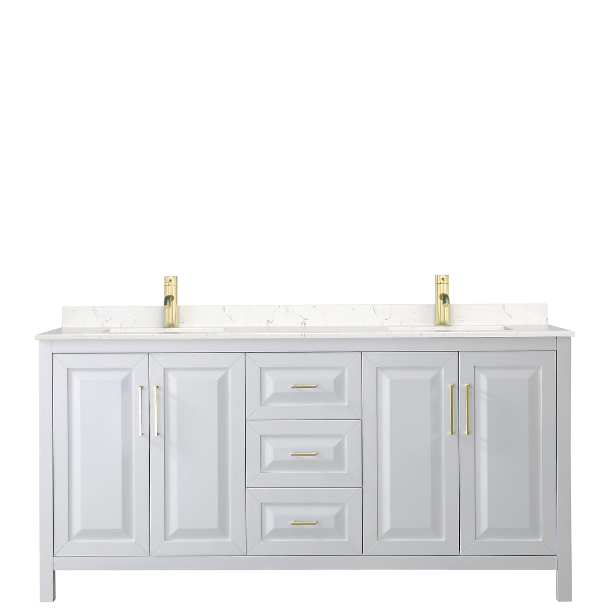 Daria 72 Inch Double Bathroom Vanity in White Carrara Cultured Marble Countertop Undermount Square Sinks Brushed Gold Trim