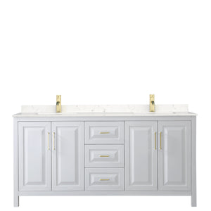 Daria 72 Inch Double Bathroom Vanity in White Carrara Cultured Marble Countertop Undermount Square Sinks Brushed Gold Trim