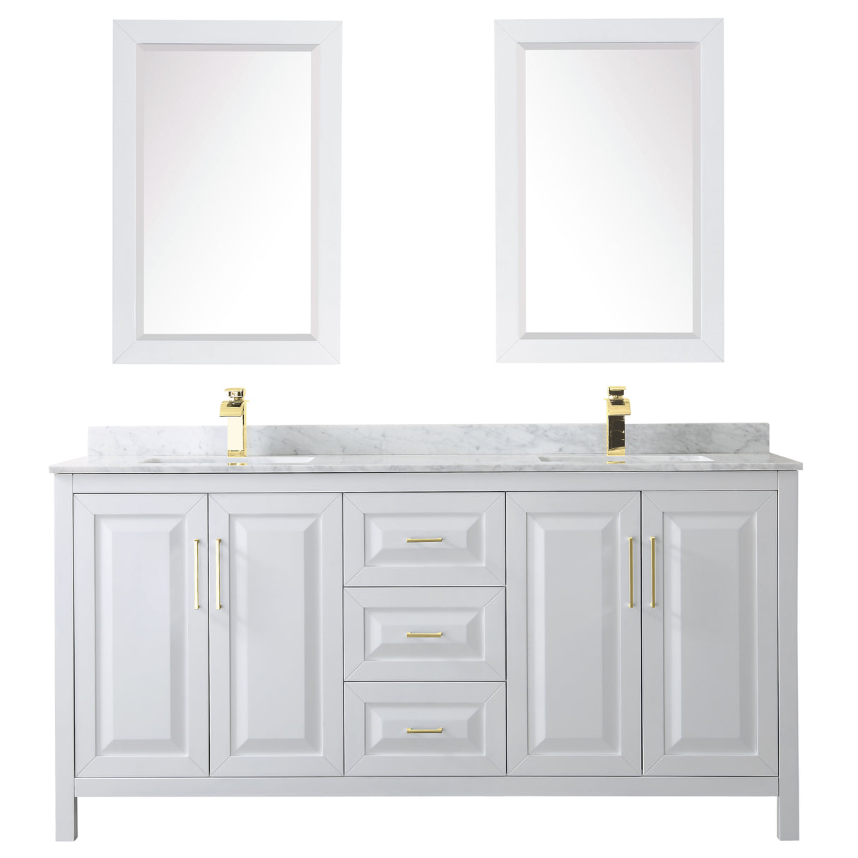 Daria 72 Inch Double Bathroom Vanity in White White Carrara Marble Countertop Undermount Square Sinks 24 Inch Mirrors Brushed Gold Trim