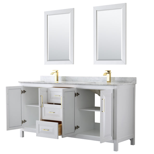 Daria 72 Inch Double Bathroom Vanity in White White Carrara Marble Countertop Undermount Square Sinks 24 Inch Mirrors Brushed Gold Trim