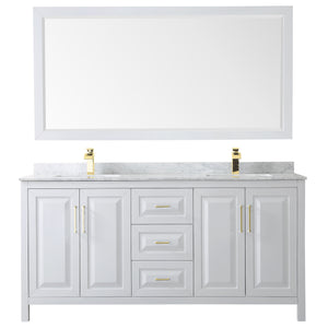 Daria 72 Inch Double Bathroom Vanity in White White Carrara Marble Countertop Undermount Square Sinks 70 Inch Mirror Brushed Gold Trim