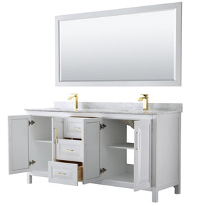 Daria 72 Inch Double Bathroom Vanity in White White Carrara Marble Countertop Undermount Square Sinks 70 Inch Mirror Brushed Gold Trim