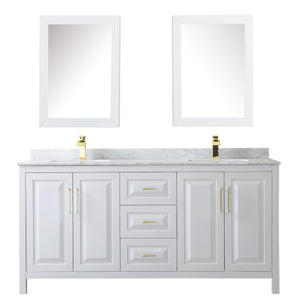 Daria 72 Inch Double Bathroom Vanity in White White Carrara Marble Countertop Undermount Square Sinks Medicine Cabinets Brushed Gold Trim