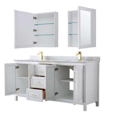 Daria 72 Inch Double Bathroom Vanity in White White Carrara Marble Countertop Undermount Square Sinks Medicine Cabinets Brushed Gold Trim