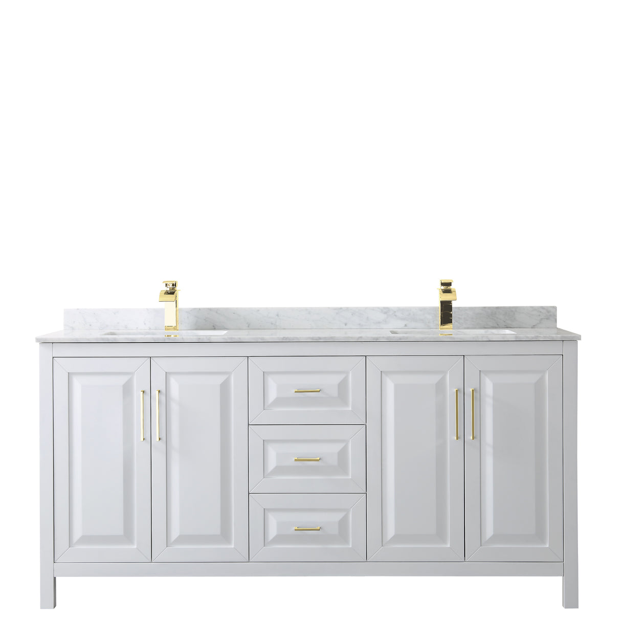 Daria 72 Inch Double Bathroom Vanity in White White Carrara Marble Countertop Undermount Square Sinks Brushed Gold Trim