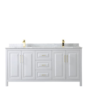 Daria 72 Inch Double Bathroom Vanity in White White Carrara Marble Countertop Undermount Square Sinks Brushed Gold Trim